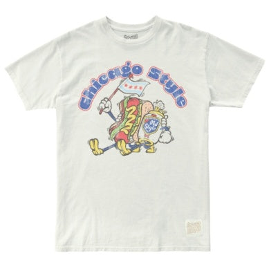 Retro Brand Chicago Style tee in Vintage White, front view with the Chicago Style hot dog graphic and Old Style shield